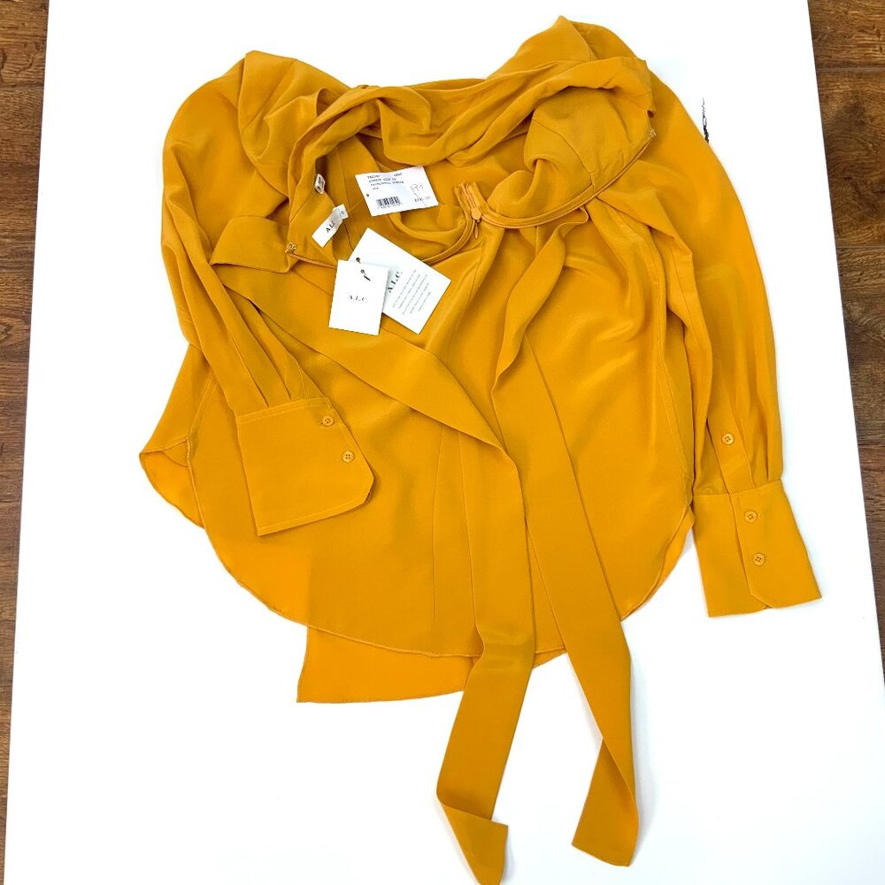 New A.L.C. Sophie 100% Silk Draped Tied Neck Yellow Blouse Sz 0 - 4 - Picture 16 of 16
